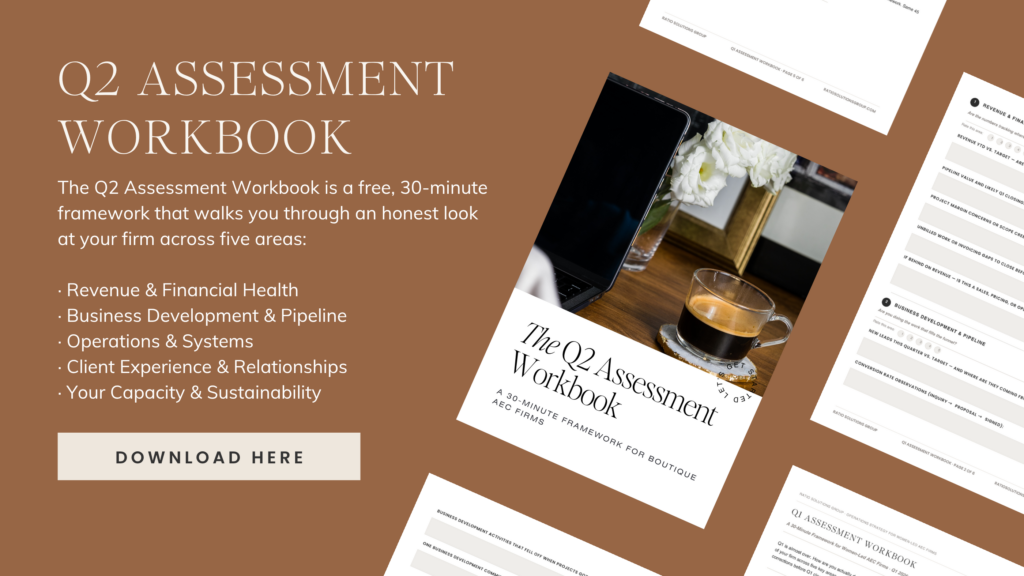 Q2 Assessment Workbook download graphic showing five-area business framework for boutique AEC firms